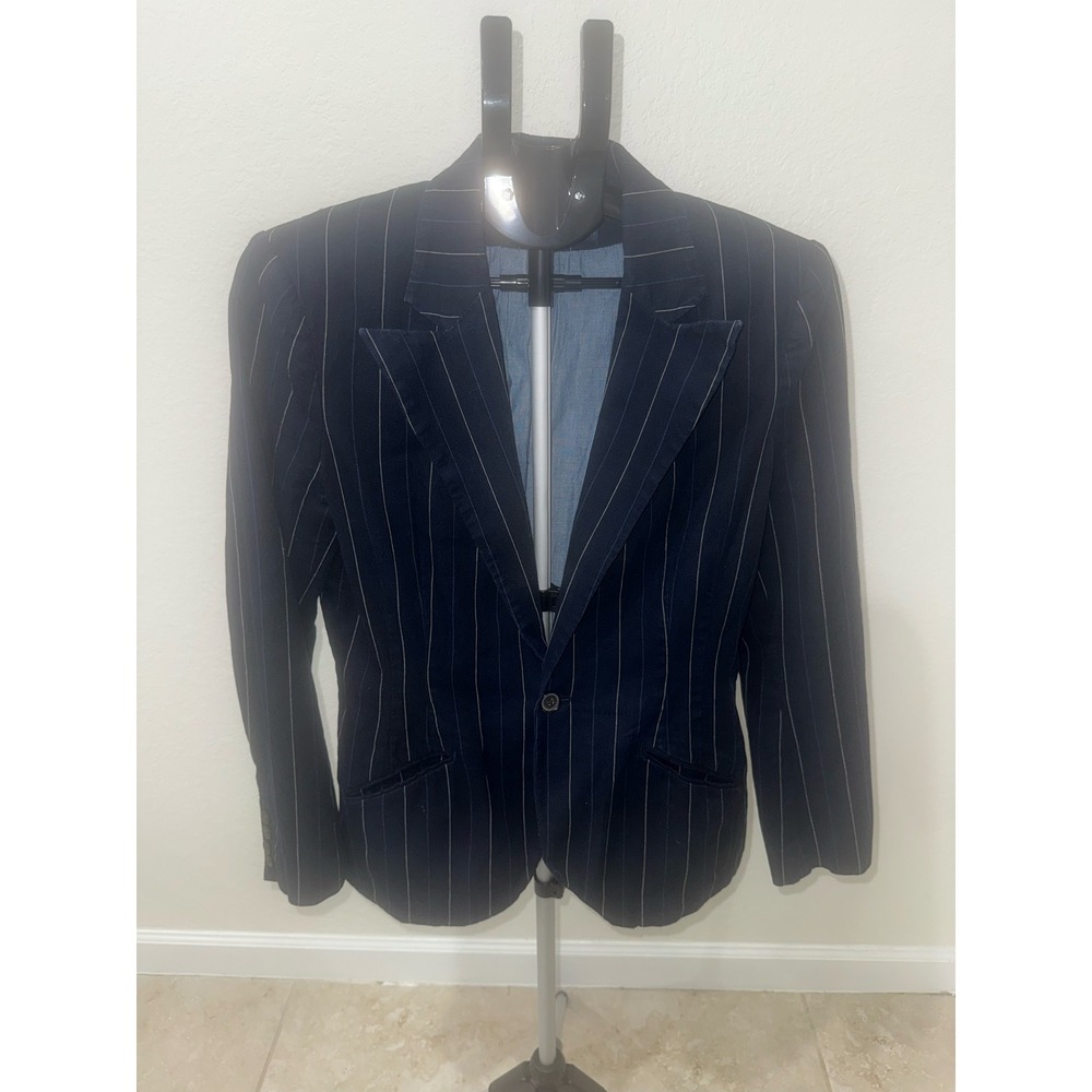VTG Polo Ralph Lauren Navy Blue Pinstripe‎ Cotton Blazer Jacket Women 14